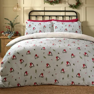 Dreams & Drapes - Vintage Red Robin Christmas Fleece Duvet Cover - King Bedding Size (230-220cm) - Reversible (2 Designs) - Soft Teddy Fleece Duvet Cover in Duck Egg - Christmas Bedding