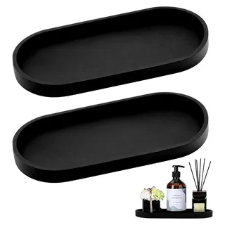 2 Stück Badezimmer Tablett, Dekotablett Schwarz Silikon Ablageschale, Kosmetik Ablageschale Kleines Oval für Wohnzimmer, Schlafzimmer, Waschbecken, Badewanne und Küchenspüle - Schwarz