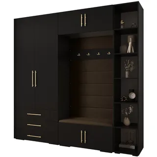 Abiks Möbel Garderoben-Set 236,7/240/47 , Schwarz, Braun, Goldfarben , Holz , Nachbildung , 13 Fächer , 240x236.7x47 cm , Garderobe, Garderoben-Sets & Garderoben-Serien, Garderoben-Sets