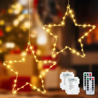 Ollny LED Fensterdeko Stern Weihnachtsbeleuchtung, 2 Stück 80 LED mit Timer Frenbedienung, Batteriebetrieben 8 Modi für Weihnachtsdeko Fenster Deko(warmweiß)
