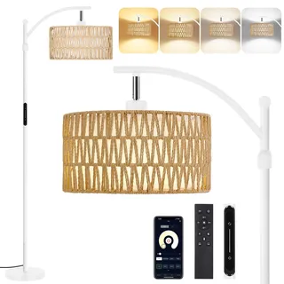 OUTON Rattan Stehlampe Wohnzimmer, Dimmbar Boho Bogenlampe mit App & Fernbedienung & Touch-Steuerung, 4 Farbtemperaturen, 2 Lampenschirm, 12W LED Vintage Stehleuchte für Schlafzimmer, Büro, Weiß