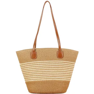 Faletony Stroh Strandtasche Flechttasche Damen Schultertasche Strohtasche Groß Umhängetasche Sommer Shopper Handtasche Korbtasche für Strand Reise Einkauf (Weiße Streifen)