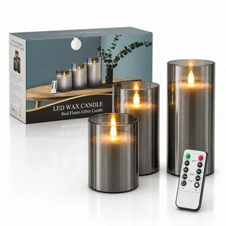 Led Kerzen Weiß, 3 Stücke 10-15CM mit Timerfunktion, Draussen Led Kerzen Flackernde Flamme mit Glas, Bewegliche Flamme Powered by Battery (Grau)