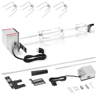 TolleTour 117cm Grillspieß Set Inkl. 4X Fleischnadeln und Edelstahl Motor 220V Drehspieß Rotisserie Elektrischer Drehspiess Universal Grillspiess 304 Edelstahl - Silber