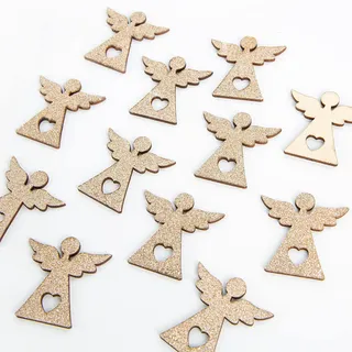 12 Holzengel Gold Glitzer – ca. 4 cm – Streudeko Engel mit Herz – Schutzengel für Weihnachten, Hochzeit, Taufe, Kommunion, Tischdeko & Geschenkverpackung