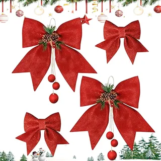 4 Stück Schleifen Weihnachtsbaum, rote Schleifen Weihnachten, Weihnachtsbaum Schleifen, rote schleifens weihnachtsbaums, Wiederverwendbar für Weihnachtsbaums, Party, Geburtstag Geschenk