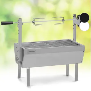 Klarstein 2-in-1 Rotisserie Grill mit Motor, Mini-Grill mit Drehspieß, Elektrischer Spießgrill für Hähnchen & Spanferkel, Grill mit Motor, Spieß Grill mit Edelstahl-Rost, Holzkohlegrill mit Rollen - Silber