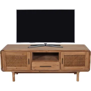 TV-Rack HWC-M47, Fernsehtisch Lowboard Kommode, Staufächer Schublade, Rattan Akazie Massiv-Holz gebeizt 160cm 32kg - Braun