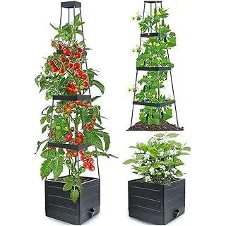 SOONHUA Hochbeet Pflanzkasten mit Rankgitter, 2 Stück, höhenverstellbar, selbstbewässernd, Pflanzgefäß für Terrasse, Gewächshaus, Innen- und Außenbereich