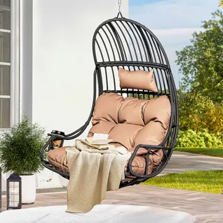YITAHOME Rattan Hängesessel 150kg, mit Kissen & Getränkehalter, Braun | Hängesessel in Eiform für drinnen und draußen, mit Getränkehalter – für Terrasse, Schlafzimmer, Garten und Balkon