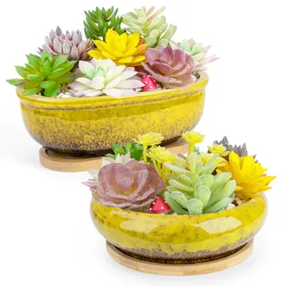 ARTKETTY Sukkulententententöpfe, Keramik-Sukkulenten-Übertöpfe mit Drainage-Bambus-Tablett, 1 rechteckiger Blumentopf + 1 runder Blumentopf für den Innenbereich, Kakteen, Bonsai-Pflanzen, Zuhause