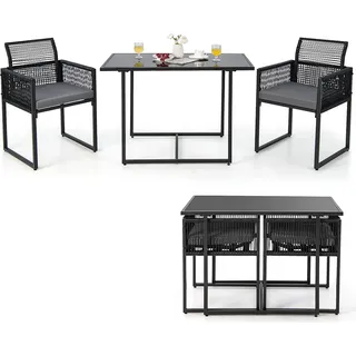 COSTWAY 3-teiliges Gartenmöbel-Set, Rattan Balkonmöbel-Set mit klappbarer Rückenlehne & Sitzkissen, Balkonset Terrassenmöbel, platzsparendem Gartengarnitur Sitzgruppe für Garten und Balkon - Schwarz