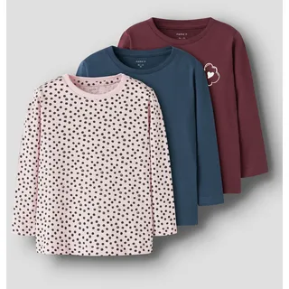 Langarmshirt NAME IT "NMFNIA 3P LS TOP", Mädchen, Gr. 92, burgundy pack:burgundy, early hours, sargasso sea, Jersey, Obermaterial: 100% Baumwolle, bedruckt, normal, Rundhals, Shirts Langarmshirt