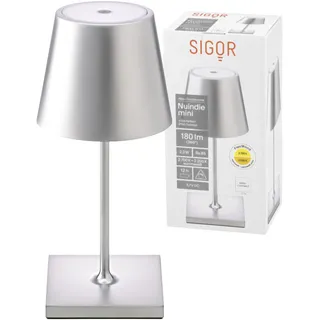 SIGOR Nuindie 1.0 mini - Dimmbare kleine LED Akku-Tischlampe Indoor & Outdoor, IP54 spritzwassergeschützt, Höhe 25 cm, aufladbar mit Easy Connect, 12 h Leuchtdauer, silberfarben