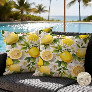 AwzyGous Kissenbezug Outdoor Wasserfest 45x45 Zitrone Blatt Kissen Dekorative Sommer Wetterfest Gartenkissen Sofakissen für Deko Wohnzimmer, Garten, Balkon Wohnkultur 2 Stück