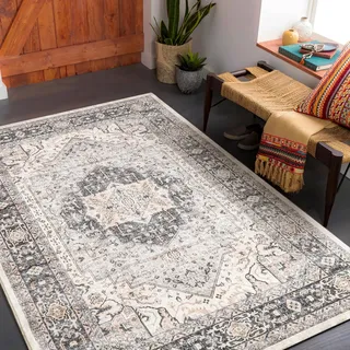 Carvapet Läufer Teppich 90x150cm rutschfest Lang Teppichläufer Waschbar Mikrofaser Vintage Medaillon Grau Teppich Flächenteppich Laufteppich