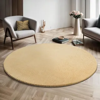 Mia's Teppiche Comfort Moderner Flauschiger Kurzflor Teppich, Anti-Rutsch Unterseite, Waschbar bis 30 Grad, Super Soft, Felloptik, Gold, 200 cm Rund