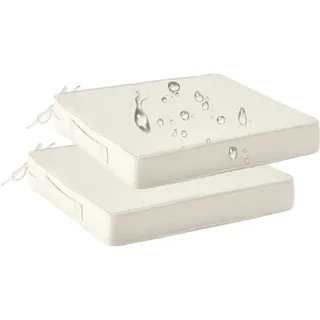 Sitzkissen 45x48 CM 2er Set, 8CM Dick Outdoor Stuhlkissen Wetterfest mit Bändern Tragegriff, Antiverblassen Wasserfest Outdoor Sitzpolster, Quadrat Doppelte Rohrleitungen Gartenstuhlkissen, Beige-Weiß