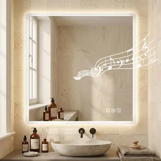 STARLEAD Badspiegel-mit-Beleuchtung 80x80 cm, LED-Spiegel-Bad-mit Bluetooth, Entfoggen, IP44 Badezimmer-Spiegel-mit-Licht 3 Farbtemperaturen, Dimmbar, Speicherfunktion, HD Hartglas