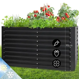 Blumfeldt Hochbeet aus Metall, Wetterfestes Stahlblech-Hochbeet für Balkon & Garten, Rostfreies Hochbeet, Freistehende Hochbeete 200x100x90 cm, 970L Pflanzkübel Groß für Blumen, Obst, Gemüse - Grau