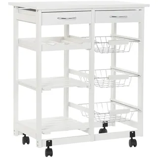 DRW Doppel-Küchenwagen aus weißem Holz mit 2 Schubladen, Weinregal, Körben und Regalen, 67 x 37 x 79 cm