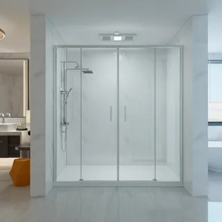 Duschkabine 145 cm Wandwand mit einfachem Einstieg mit zwei festen Glasplatten und zwei Glasschiebeplatten Höhe 200 cm - FRASCIO - Transparent