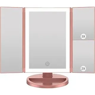 WEILY Schminkspiegel mit Beleuchtung, Kosmetikspiegel mit 1X/2X/3X Vergrößerung, Faltbare Schminkspiegel mit LED-Beleuchtung und Touchscreen, Tischspiegel Unterstützung USB und Batterie (Rosengold)