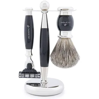 Jag Shaving Rasierset - 3-teiliges Rasierset mit Rasierpinsel - 3 Rasierklingen Rasierhobel - Super Dachshaar Rasierpinsel - Rasierständer - Schwarz Rasierset als Geschenkset