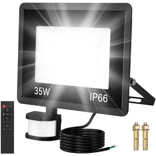 Aussenlampe Mit Bewegungsmelder 35w LED Strahler Mit Bewegungsmelder Außen Licht Fernbedienung 6500k Kaltweiß Ip66 Wasserdicht,Timer,Superhell Aluminium Lampe Wandstrahler Für Hof, Garage,Garten
