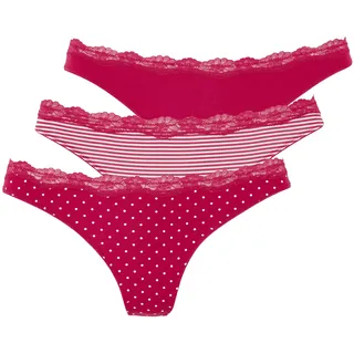 LASCANA String 3er-Pack, aus elastischer Baumwolle mit zarter Spitze, rot, gestreift, uni, gepunktet