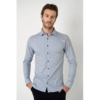 Langarmhemd DESOTO "Jerseyhemd Casual Kent langarm", Herren, Gr. M, N-Gr, beige (stone blau skyscrapers), Jersey, Obermaterial: 100% Baumwolle, gemustert, mehrfarbig, slim fit normal, Rundhals, Raglanärmel,Ärmel mit Ärmelschlitz 1-Knopf-Manschette mit Schlitz, Hemden Langarmhemd, Flexibler Stretch, mit modischem Allover-Print