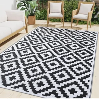 smiry Outdoor Teppich Wasserfest Balkon Camping Teppiche UV-beständig Waschbar Außenteppich Draussen Wendbarer für Terrasse, Garten, Wohnmobil - 120 x 180 cm, Schwarz & Weiß