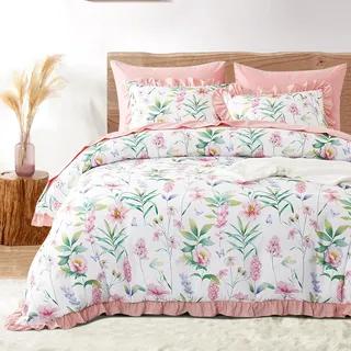 Freyamy Bettwäsche 135x200cm 2teilig Weiß Rosa Grün Blumen Rüschen Bettwäsche Floral Romantisch Mädchen Bettwaren-Sets 100% Microfaser Bettbezug mit Reißverschluss und Kissenbezug 80x80cm