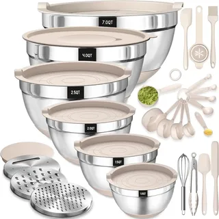 Terlulu Rührschüssel 6er Set, Edelstahl Schüssel Salatschüssel mit Luftdichtem Deckel & Silikonboden, 3 Reibenaufsätzen, Schüsselset zum Backen/Servieren, 6.6 L/3.8 L/2.4 L/1.9 L/1.4 L/0.6 L - Khaki