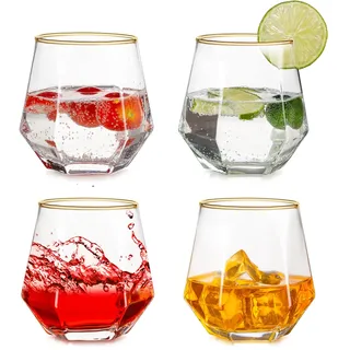 Inweder Trinkgläser 4er Set - Stiellose Weingläser Au Wodka Gläser Goldrand Whiskey Gläser Kraken Rum Glas Geometrische Whisky Tumbler Geschenkset für Männer Geburtstag Vatertag Jahrestag