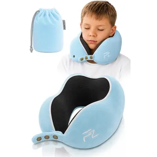 FLOWZOOM Nackenkissen für Kinder ab 6 Jahre - einstellbares Memory Foam Kinder-Nackenhörnchen mit weichem, atmungsaktivem & waschbarem Bezug - inkl. Tranportbeutel - Blau, Größe M (ab 6 J.)
