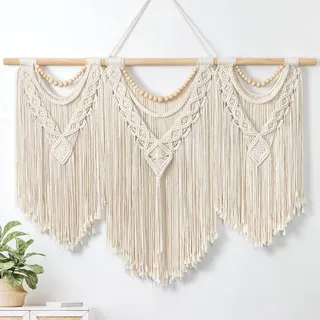 Dremisland Große Makramee Wandbehang Wandteppich Boho Deko Gewebter Wand Tapisserie Beige Quaste Perlen Böhmische Wandkunst Ästhetisch Wandtuch Makramee Wanddekor Schlafzimmer Wohnzimmer,110x80cm