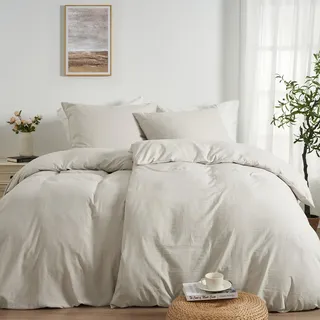Duvetnova Bettwäsche 135x200 4teilig Leinen-Optik,Superweiche Vorgewaschene Mikrofaser Baumwollähnlich ÖKO-TEX 2 Bettbezüge 135x200+2 Kissenbezüge 80x80-alle mit Reißverschluss Bettwäsche Beige Sommer