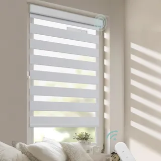 DENFOON Elektrisches Doppelrollo 90cm X 150cm, Klemmträger Für Doppelrollo, Duo Rollo mit Kassette und Fernbedienung, Höhe Stufenlos Verstellbar/Kindersicherung für Fenster