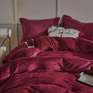 Nayoroom Winter Bettwäsche 135x200 4teilig Rot Cashmere Touch Fleece Plüsch Bettbezug Warme Flauschig Coral Bordeauxrot Microfaser Biber Winterbettwäsche mit Reißverschluss und 2 Kissenbezüge 80x80 cm