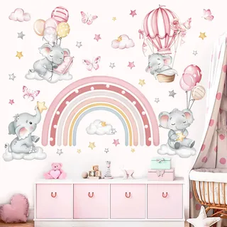 decalmile Wandsticker Rosa Regenbogen Elefanten Wandtattoo Heißluftballon Tiere Wolke Stern Wandaufkleber Kinderzimmer Babyzimmer Schlafzimmer Wanddeko