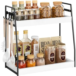 VITVITI Gewürzregal mit 2 Ebenen, Küchenregal mit 4 Haken für Arbeitsplatte, Kaffeeständer aus Holz und Metall, für Küche, Badezimmer Organizer für Schminktisch, Schreibtisch, Büro, Kaffeestation