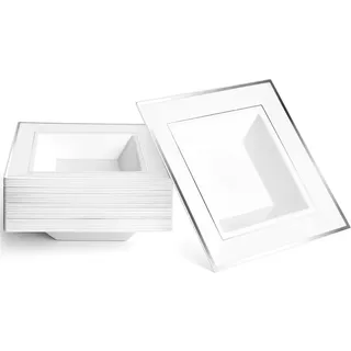 MATANA 20 Weiße Quadratische Plastikschalen mit Silbernem Rand, Suppenteller, Suppenschalen (350ml) - Suppenschüssel für Hochzeiten, Geburtstage, Weihnachten, Partys - Mehrweg & Stabil