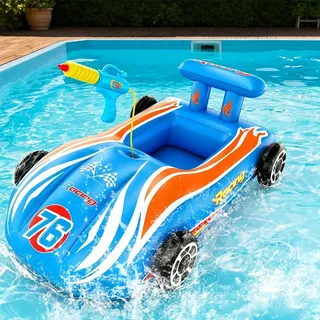 SKIKHN Pool Spielzeug, Schwimmring Kinder, Aufblasbarer Schwimmreifen mit Wasserpistole, Aufblasbares Schwimmtier Boot, Kinderboot, Aufblasbarer Schwimmring, für Poolpartys und Außenbereich (Blau)