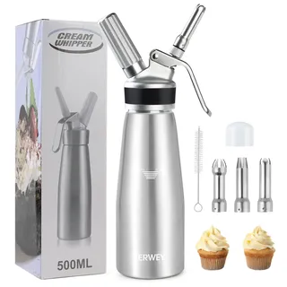 ERWEY Sahnespender 500ML, Sahnesyphon Aluminium, Sahnesprüher Auslaufsicherer Einfach Reinigen mit 3 Tüllen und 1 Reinigungsbürsten, Schlagsahne Spender für Küche Party Desserts