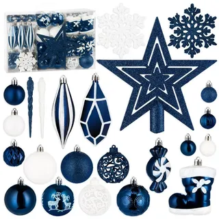 Brubaker 128 Stück Premium Christbaumschmuck - XXL Weihnachtskugel Set mit Glitzer Kugeln, Eiszapfen, Diamant Anhänger, Bonbon, Nikolaus Stiefel und Baumspitze Stern - Baumschmuck - Blau