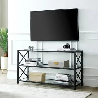Offener TV-Lowboard aus Glas mit stabilem Metallgestell in rechteckiger Form - Transparent