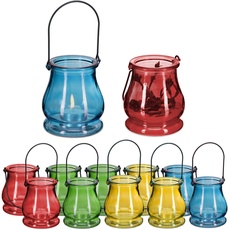 Bild von Windlicht, 12er Set, aus Glas, Henkel zum Aufhängen, innen & außen, Teelichthalter, HxD 9,5x8,5 cm, Mehrfarbig