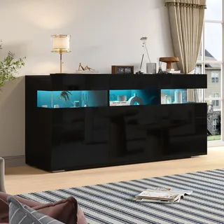 STILVORA Sideboard mit 3 Türen und 7 Ablagefächern,Wohnzimmerschrank mit LED-Lichtleiste und Hochglanz-Oberfläche,Kommode mit Acrylgehäuse,Schwarz - Schwarz