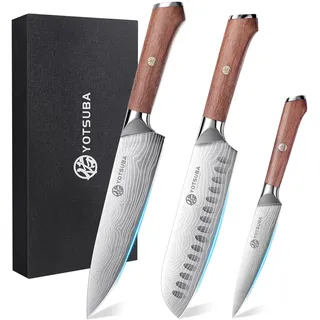 YOTSUBA Messerset 3-teilig, Japanisches Küchenmesser set Hochwertigem Carbon Edelstahl, Ultra Scharfes Messer Set mit Chefmesser Santokumesser Allzweckmesser